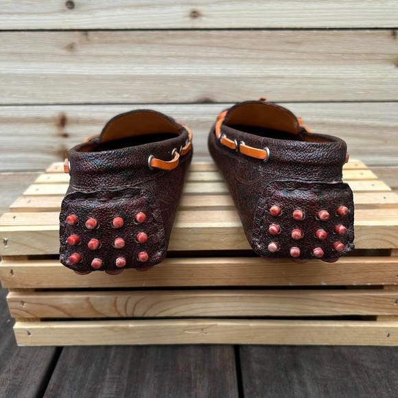Brown Leather Etro Paisley Print Slip On Loafers Boat Shoes w/ Orange Accents main image 7